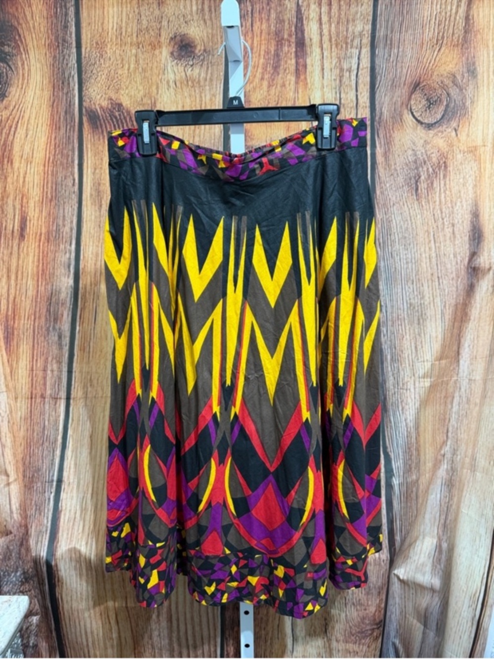 Studio West Black A-Line Skirt with Yellow, Red & Purple Geometric Print